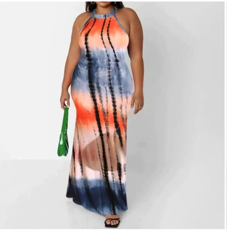 Adogirl Off Shoulder Tie Dye Maxi Dress Floral Print Summer Sleeveless Long Dress Halter Neck Back Hollow Out Vintage Ball Gowns