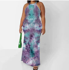 Adogirl Off Shoulder Tie Dye Maxi Dress Floral Print Summer Sleeveless Long Dress Halter Neck Back Hollow Out Vintage Ball Gowns