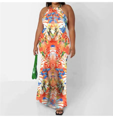 Adogirl Off Shoulder Tie Dye Maxi Dress Floral Print Summer Sleeveless Long Dress Halter Neck Back Hollow Out Vintage Ball Gowns
