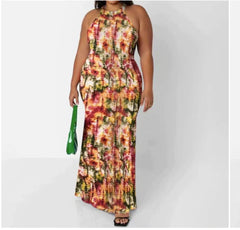 Adogirl Off Shoulder Tie Dye Maxi Dress Floral Print Summer Sleeveless Long Dress Halter Neck Back Hollow Out Vintage Ball Gowns
