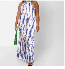 Adogirl Off Shoulder Tie Dye Maxi Dress Floral Print Summer Sleeveless Long Dress Halter Neck Back Hollow Out Vintage Ball Gowns