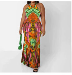 Adogirl Off Shoulder Tie Dye Maxi Dress Floral Print Summer Sleeveless Long Dress Halter Neck Back Hollow Out Vintage Ball Gowns