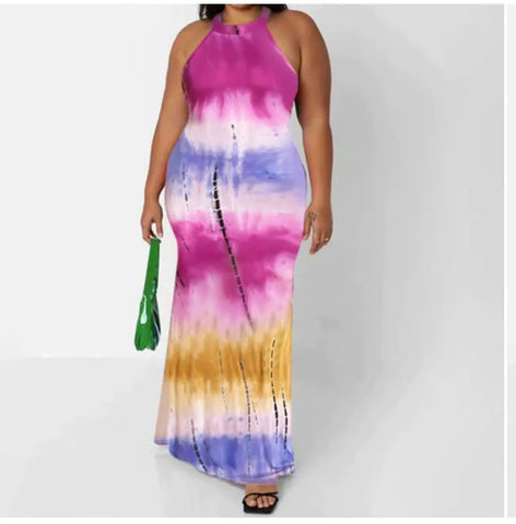 Adogirl Off Shoulder Tie Dye Maxi Dress Floral Print Summer Sleeveless Long Dress Halter Neck Back Hollow Out Vintage Ball Gowns